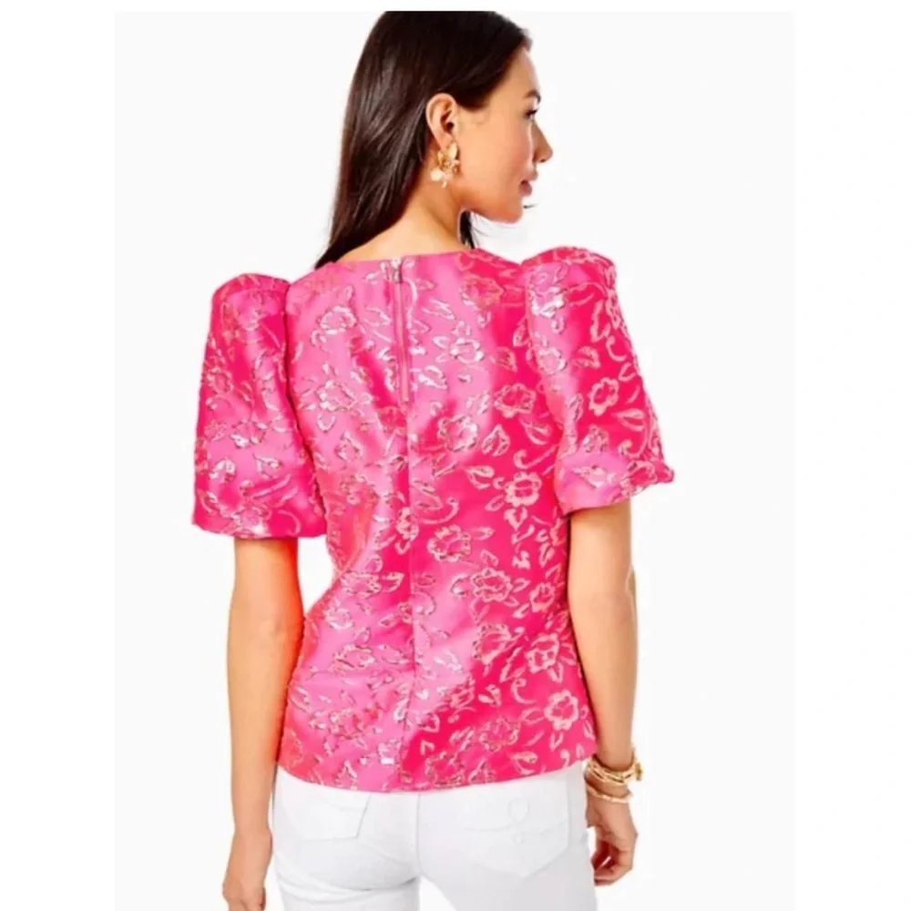 NWT Lilly Pulitzer Pratt Puff sleeve pink gold brocade top Sz XS SM - Picture 2 of 13